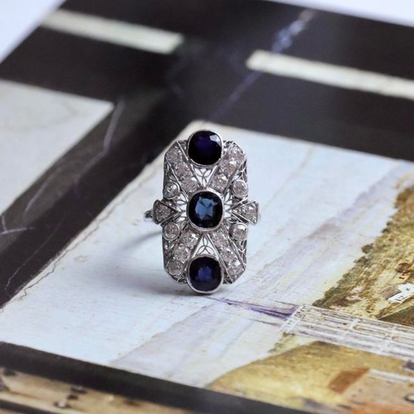 Platinum Sapphire and Diamond Art Deco Ring - Picture 1 of 4